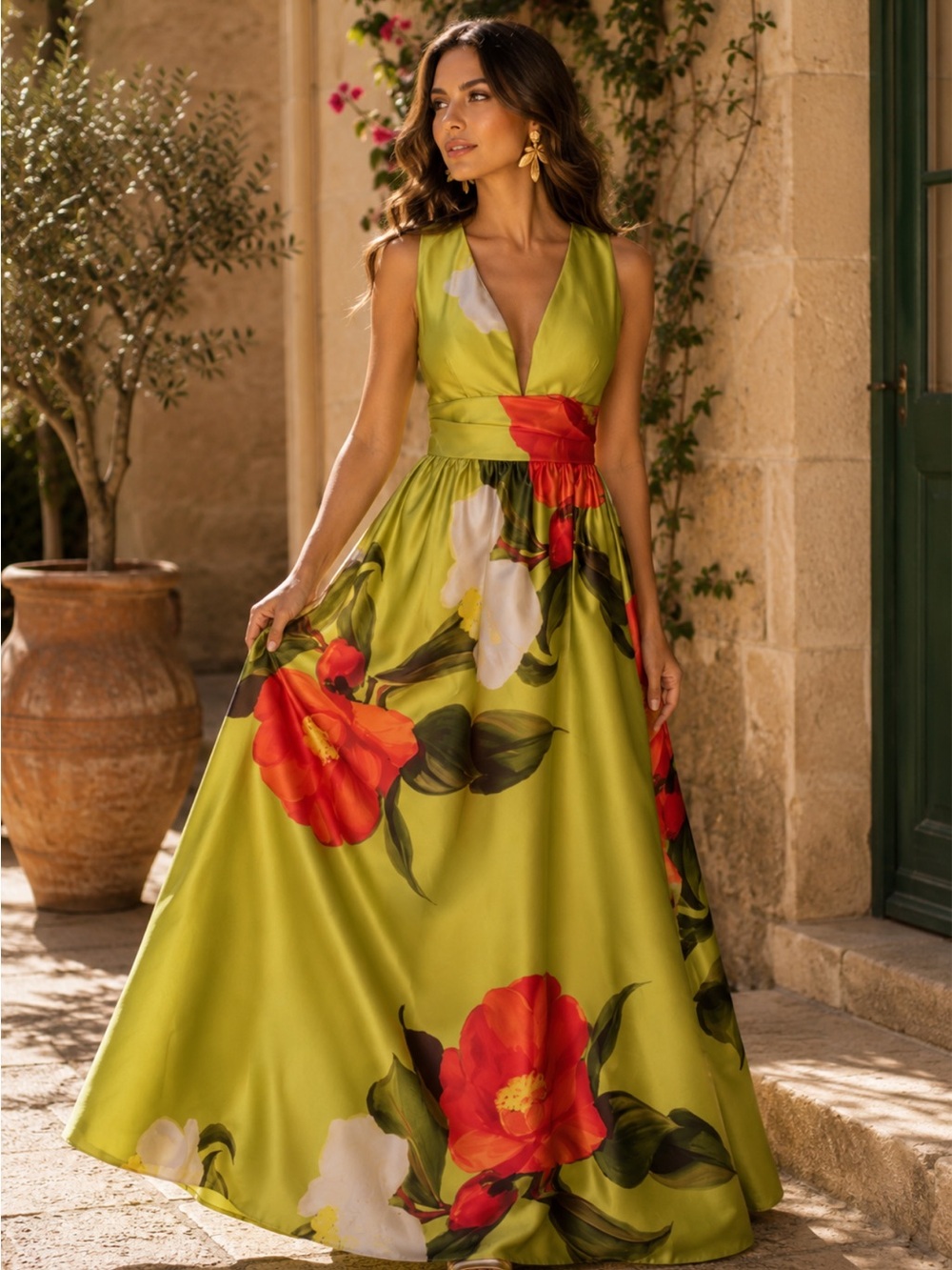 ✨NEW✨DONNA KARAN Floral Sleeveless Mikado Gown in Summer Citron